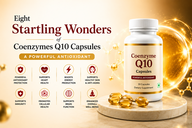 Coenzyme Q10 capsules supplement with golden softgels
