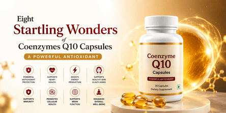 Coenzyme Q10 (CoQ10) capsules with antioxidant supplement bottle representing the health benefits of CoQ10.