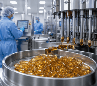 Liquid filled capsule manufacturing line producing oil-based nutraceutical formulations in a modern production facility.