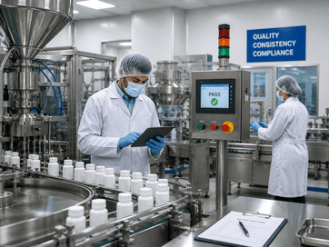 Quality-focused nutraceutical manufacturing facility with production monitoring and quality control processes.