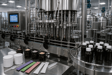 Specialty wellness formulation manufacturing line supporting nutraceutical product production and packaging.