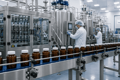 Modern nutraceutical manufacturing facility with advanced pharmaceutical production equipment and quality-controlled capsule manufacturing