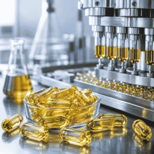 Advanced liquid filled capsule manufacturing process for nutraceutical oils, vitamins, and dietary supplement formulations.