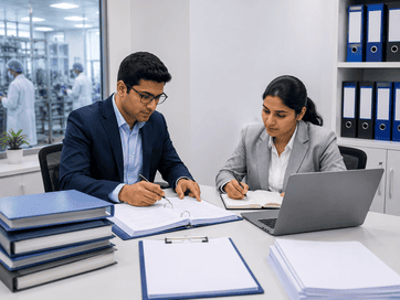 Regulatory and documentation professionals reviewing compliance records and manufacturing documentation in a nutraceutical production environment.