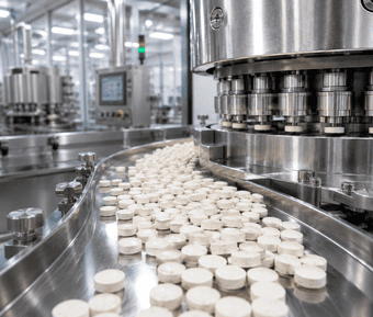 Tablet manufacturing line producing nutraceutical tablets in a GMP-compliant production facility.