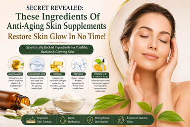 Anti-aging skin supplements featuring niacinamide, hyaluronic acid, retinol, peptides, vitamin C, vitamin E and ferulic acid for healthy-looking skin