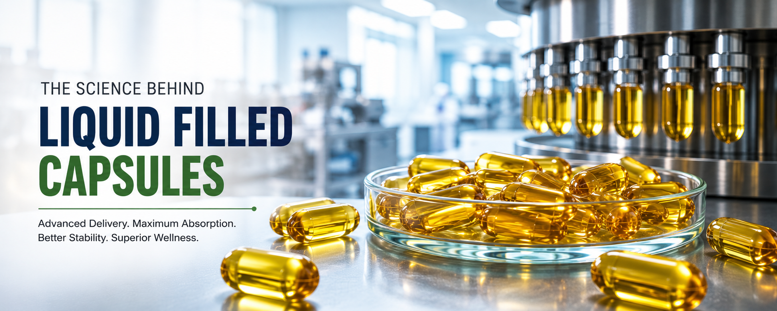 Liquid-filled capsule manufacturing unit with advanced capsule filling equipment and golden liquid-filled capsules in a pharmaceutical cleanroom