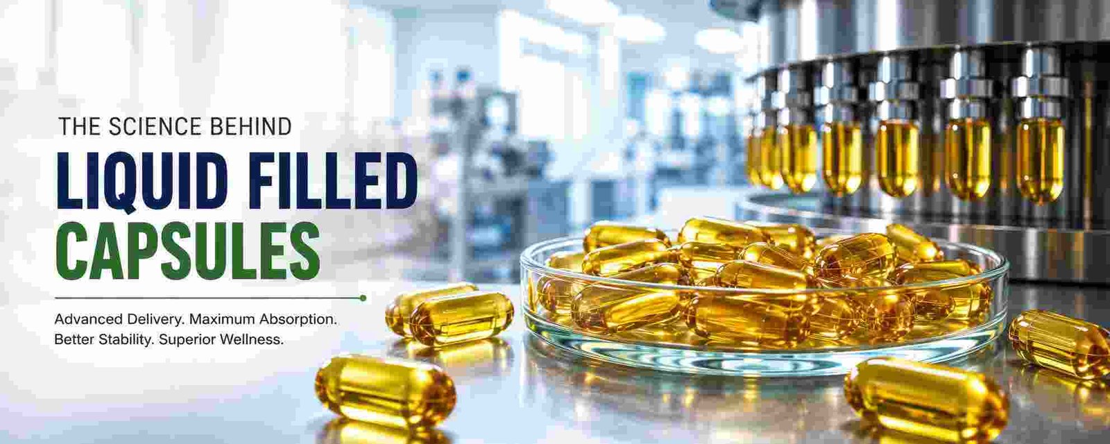 Liquid-filled capsules beside an automated capsule filling machine in a GMP nutraceutical manufacturing facility showcasing advanced capsule manufacturing technology.