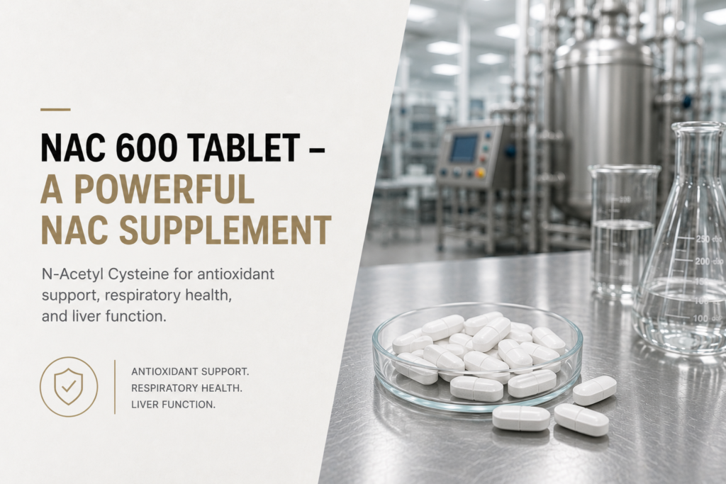 NAC 600 tablet illustration highlighting the benefits of N-Acetyl Cysteine for antioxidant support, respiratory health, and liver function.