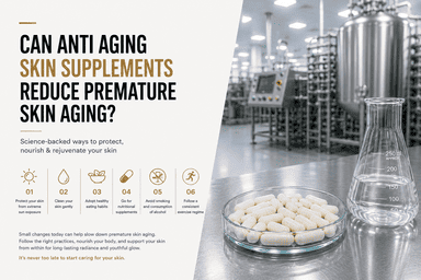 Woman with healthy youthful skin representing anti-aging skin supplements, sun protection, healthy nutrition, and lifestyle habits that help reduce premature skin aging.