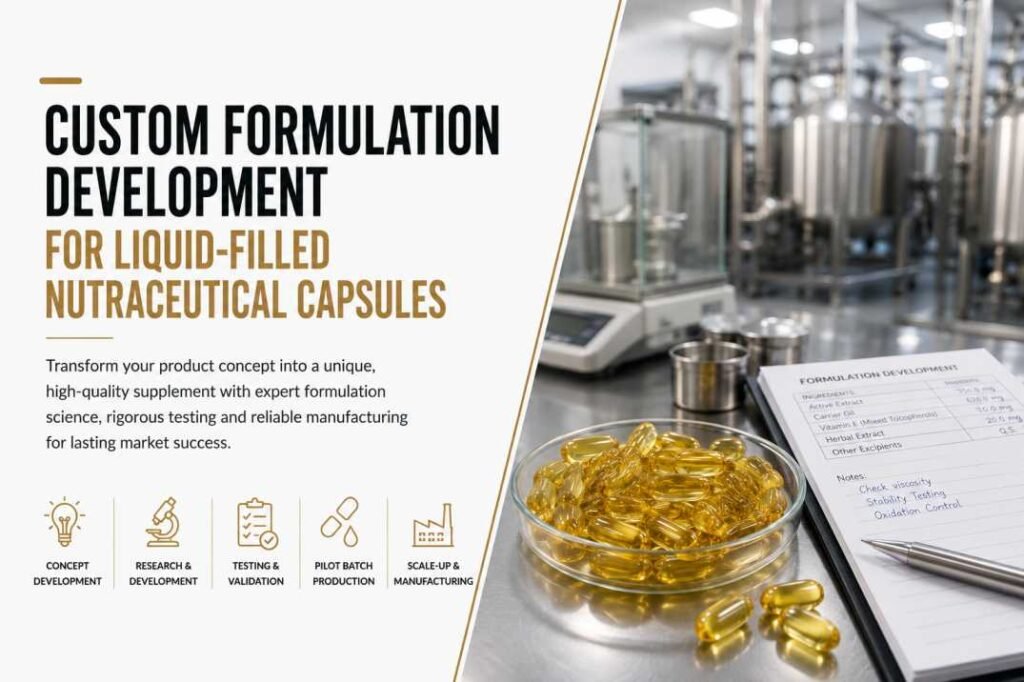 Custom formulation development for liquid-filled nutraceutical capsules with manufacturing and formulation testing
