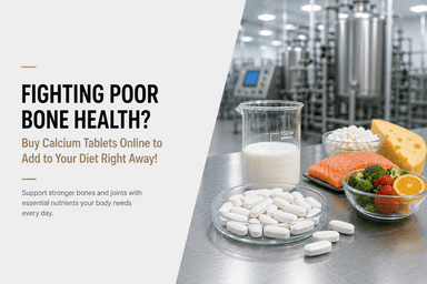 Bone health illustration showing calcium tablets, bone structure, knee joint, milk, cheese, salmon and vitamin C-rich foods for healthy bones and joints.