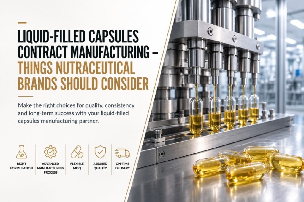 Liquid-filled capsule contract manufacturing facility with automated capsule filling machine producing liquid-filled nutraceutical capsules