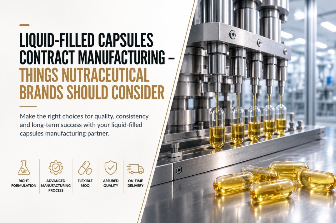 Liquid-filled capsule contract manufacturing facility with automated capsule filling machine producing liquid-filled nutraceutical capsules