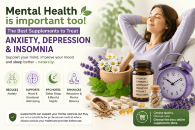 Mental health supplements featuring lavender, chamomile, lemon balm, magnesium, vitamin D and melatonin for anxiety, depression and insomnia support.