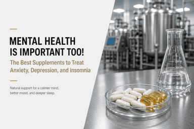 Mental health supplements featuring lavender, chamomile, lemon balm, magnesium, vitamin D and melatonin for anxiety, depression and insomnia support.