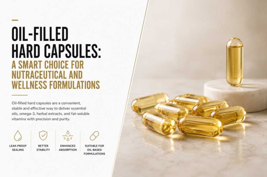 Oil-filled hard capsules with golden oil formulation for nutraceutical and wellness supplement manufacturing