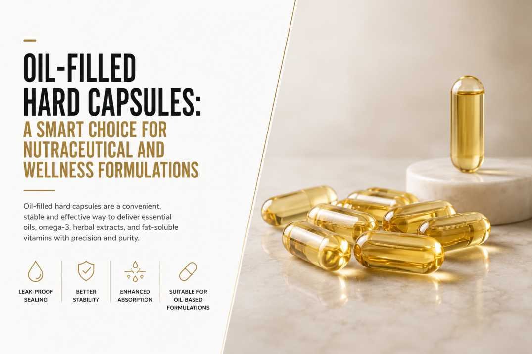 Oil-filled hard capsules with golden oil formulation for nutraceutical and wellness supplement manufacturing