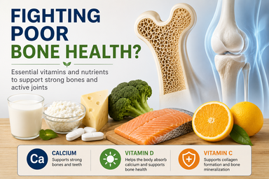 Bone health illustration showing calcium tablets, bone structure, knee joint, milk, cheese, salmon and vitamin C-rich foods for healthy bones and joints.