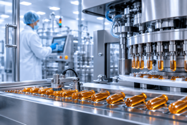 Liquid filled capsules moving through an automated manufacturing line inside a GMP-certified pharmaceutical production facility